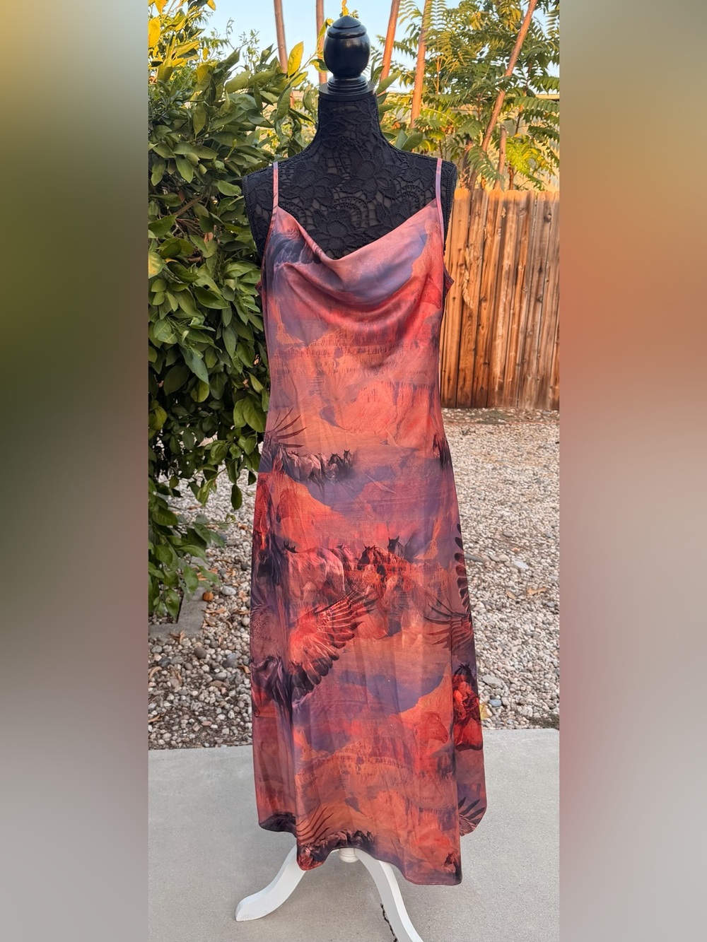 All Saints NWT Hadley Colca Woman’s Red-Orange Printed Slip Dress with Cowl Neck